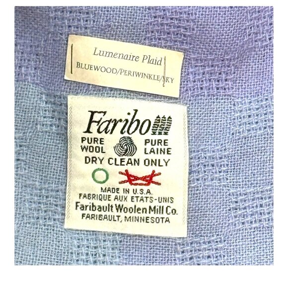 Faribo Lumenaire Plaid Blue Bluewood Periwinkle Sky Wool Throw Blanket Fringed - Picture 3 of 4